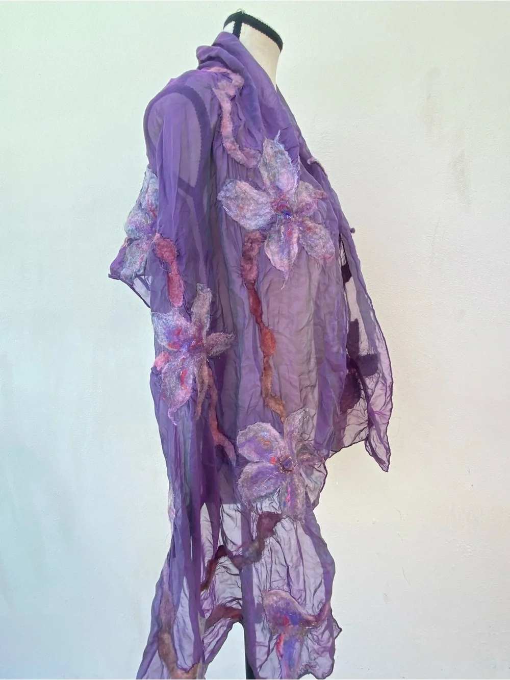 Fairy 100% Silk Iridescent Purple & Embroidered Felt Floral Scarf Shawl